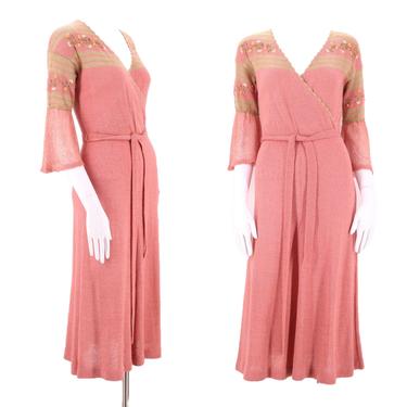 1930s pink KNIT day dress M / vintage 1930s knitwear embroidered belted dress RARE Art Deco 