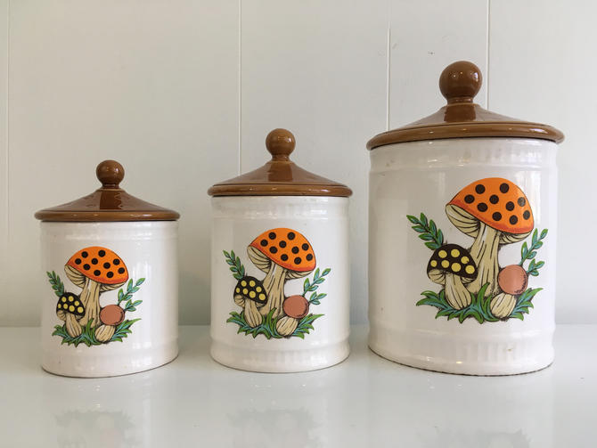 Vintage Merry Mushroom Canisters Set Of Three 3 Canister Kitsch