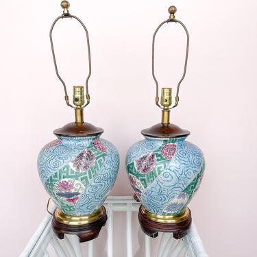 Pair of Pink and Teal Porcelain Lamps