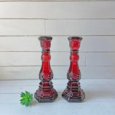 Vintage Avon Ruby Red Cape Cod Candlestick Pair // Art Deco, Gothic, Bohemian, Red Candlesticks // Romantic Dinner, Perfect Gift 