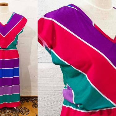 Vintage Rainbow Striped Dress 1970s Pink Purple Green 70s Cap Sleeve Jewel Tones Elastic Waist JCPenny Women's Medium Large 10 12 
