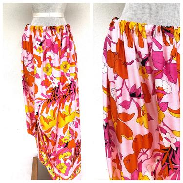Vintage VTG 1970s 70s Pink Floral Patterned Sarong Maxi Skirt 
