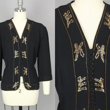 1940s Black &amp; Gold Rayon Blouse · Vintage 40s Top with Self Covered Buttons · Large 
