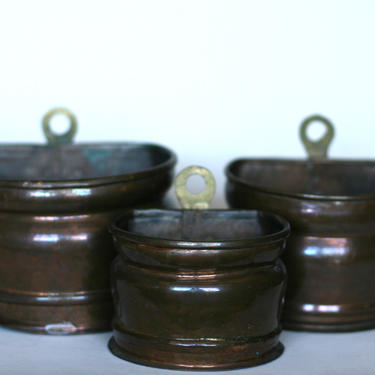 vintage copper planters with brass ring hangers set of three 