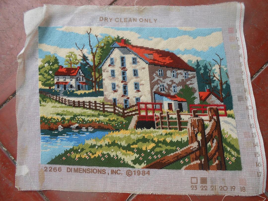 Vintage Completed Needlework Hand Made Needlepoint Picture Fiber Art