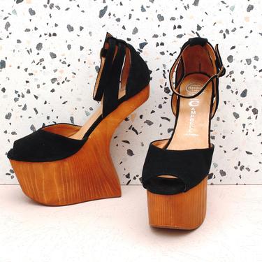 Vintage 2000s Y2K Jeffrey Campbell Sculptural High Heel Wedges - Size 6 Wood Heel & Black Suede 7" Heels 