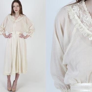 Vintage 70s Gunne Sax Dress / Sheer Ivory Floral Lace Prairie Dress / Draped Batwing Waist Tie / Pilgrim Chore Maxi Dress 