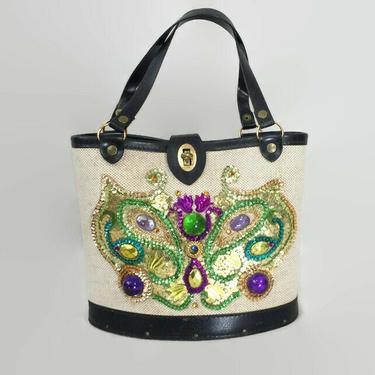 VINTAGE 1950s 1960s Enid Collins Style Butterfly Bucket Handbag | Sequin and Jewel Embellished Hard Sided Purse | MCM Tote Bag | Wood Bottom 