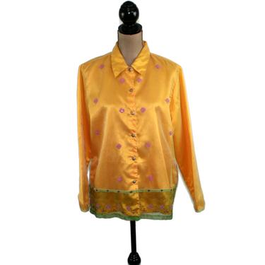 Long Sleeve Yellow Satin Blouse Large, Collared Button Up with Bead Embellished Embroidered Chiffon Overlay, Loose Fit India Ethnic 