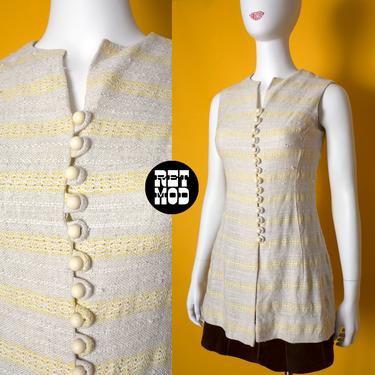 JUNIOR SIZE - Vintage 60s 70s Cream &amp; Yellow Stripe Tweed Long Mod Vest Top 