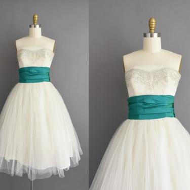 vintage 1950s dress | Gorgeous Strapless Emerald Green White Tulle Bridesmaid Wedding Dress | Small | 50s vintage dress 