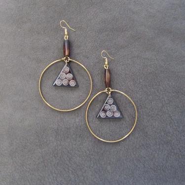 Brass hoop earrings, batik print bone earring, unique Afrocentric earrings, bold statement African earrings, exotic carved earrings triangle 
