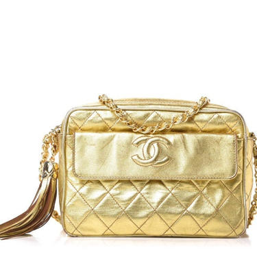 Vintage CHANEL CC Logo Gold Quilted Metalasse Leather Chain Camera Bag Crossbody Shoulder Clutch Evening Purse w Tassel Charm! 