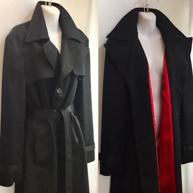 Vintage 1970 s Inky Black TRENCH RAINCOAT with Red SILK Satin Charm Vintage Boutique Portland OR