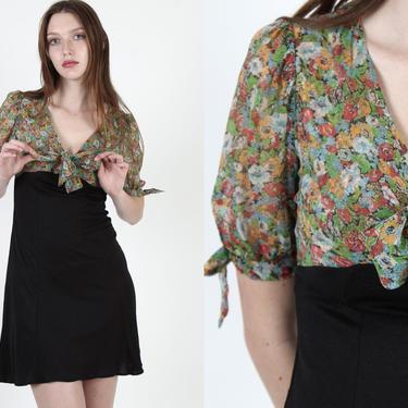 Vintage 70s Floral Chiffon Dress Deep V Bow Tie Bohemian Prairie Disco Black Mini Dress 