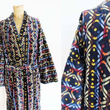 Vintage 90s Cotton Terry Bath Robe One Size - Navy  Rainbow Stripe Rolling Dice Thick Fluffy Bath Robe - Belted Robe Coat - Norm Thompson 