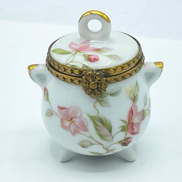Vintage F M Porcelain Artistique Limoges France Trinket Box Pink Flowers Pot shaped. 