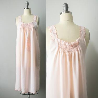 1960s Slip Pink Rayon Smocked Nightgown S / M 