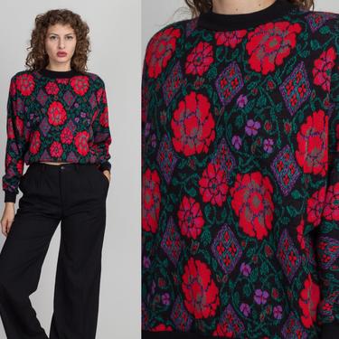 80s Grunge Bright Floral Sweater - Large | Vintage Soft Slouchy Pullover Rose Flower Jumper 