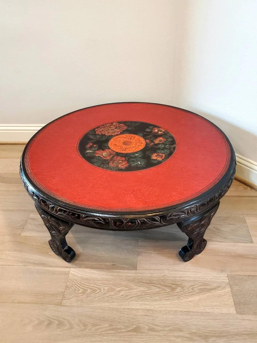 Vintage Japanese Mid Century Carved Painted Low Table Coffee Table Lynx Hollow Antiques Forney TX