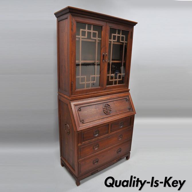 Chinese Hardwood Fall Front Secretary Desk Oriental Cabinet Vtg