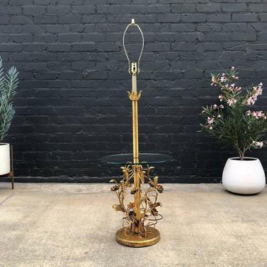 Vintage Italian Guilt Metal Floor Lamp With Glass Side Table, 1960’s 