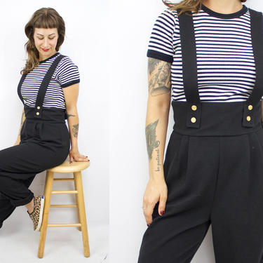 Vintage 80's 90's Black Suspender Pants / 1980's Overall Pants / High, Ruby Threads Vintage