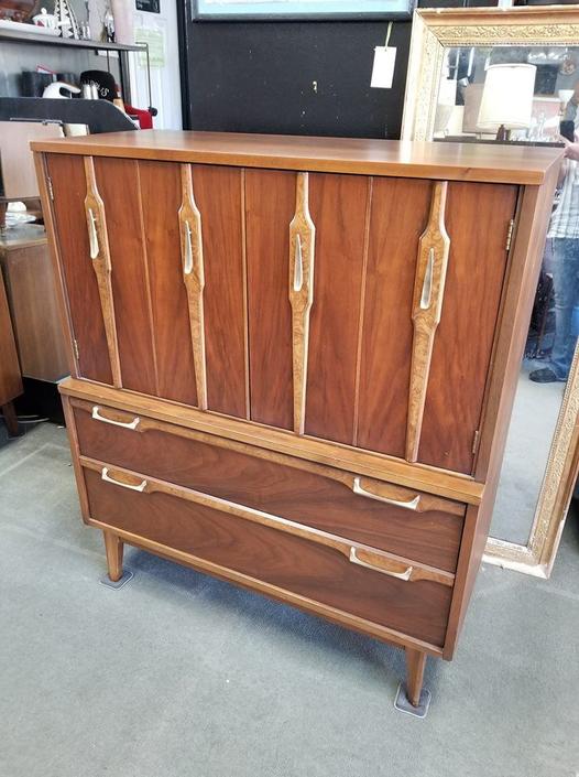 Mid Century Modern Highboy Dresser With Burlwood Accents From Peg