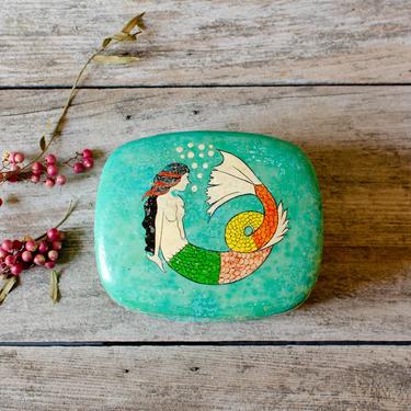 Vintage Hand-Painted Mermaid Lacquered Papier Mache Box w/Lid Container - Made in India 
