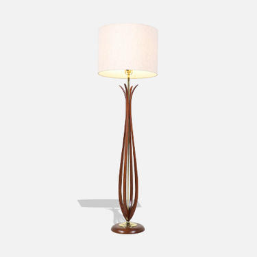 Mid-Century Modern Sculpted Walnut Floor Lamp with Brass Accents 