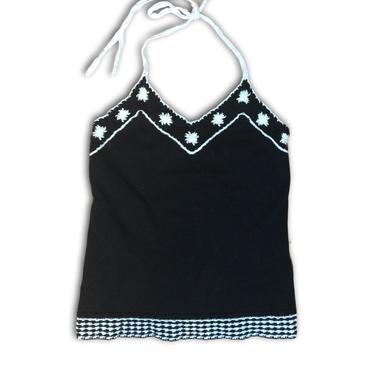 90s Black and White Crochet Halter Top // Crochet Knit Floral and Houndstooth // Ann Taylor // Size medium 