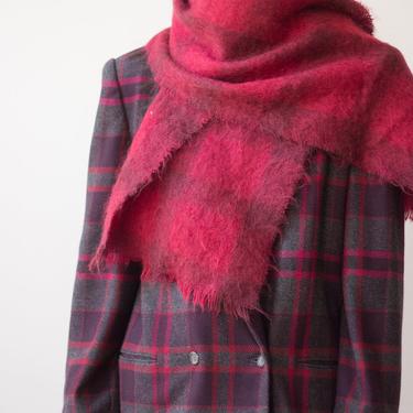 1960s Cranberry Plaid Mohair Scarf 