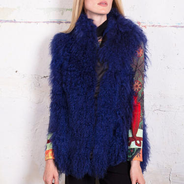 1980s Vintage Marvin Richards Cobalt Blue Mongolian Lamb Fur Vest Shaggy OSF Glam Woodstock 