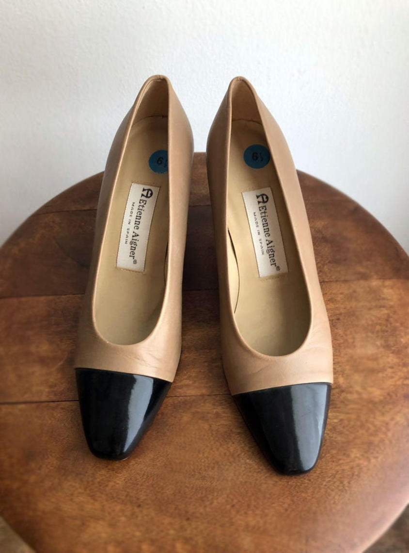 Etienne Aigner All Leather High Heel Pump Tan Black Tip