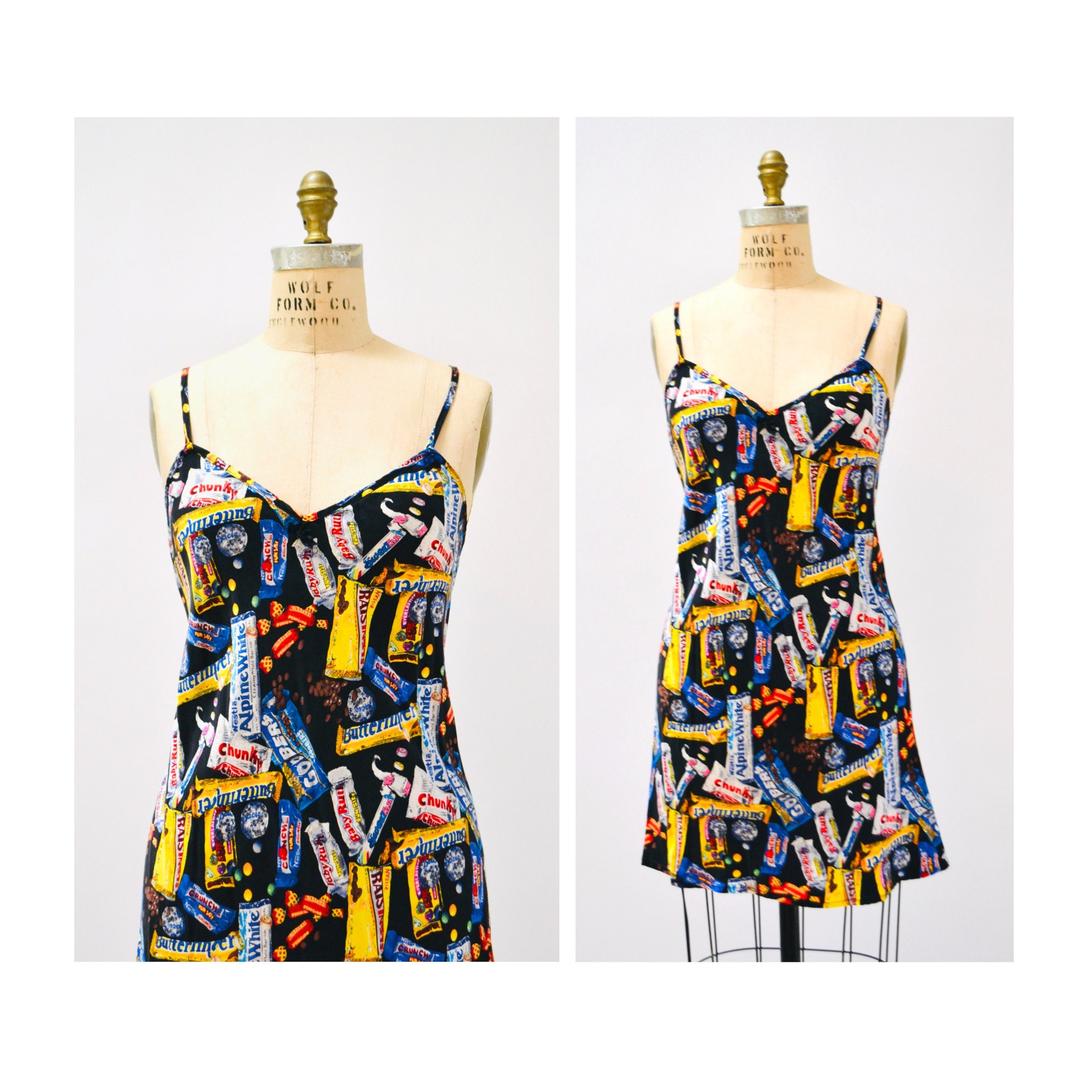 90s Vintage Silk Slip Dress with Candy and Chocolate Print