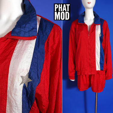 Patriotic Vintage 80s 90s Red White Blue Star Stripe Track Suit with Shorts 