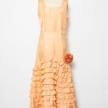 1930s Dress Peach Taffeta Ruffle Gown M 