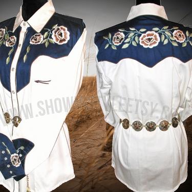 Crazy Cowgirl, Vintage Retro Western Women's Cowgirl Shirt, Rodeo Queen, Embroidered Flowers & Leaves, Tag Size XLarge (see meas. photo) 