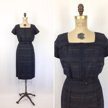 Vintage 50s dress | Vintage black cotton eyelet embroidered dress | 1950s Ascot Original anglaise broderie wiggle dress 