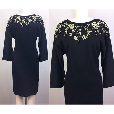 Vintage 80s 90s Black Knit Sweater Dress Body Con Floral Gold Cording Beaded 1980s 1990s M 