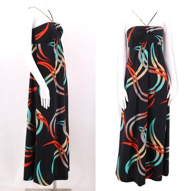 70s TROLLEY CAR colorful print disco dress S / vintage 1970s black poly maxi gown size small 