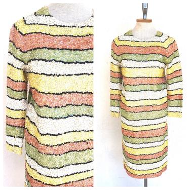 Vintage 60s Imperial Imports Knit Sequin Striped Long Sleeve Dress, VTG 60s Sequined Knit Midi Dress, 1960s Striped Colored Knit Dress 