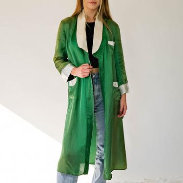 Vintage 40s 50s Distressed Emerald Green & White Shawl Collar Satin Silk Blend Robe w/ Western Trim | 1940s 1950s Rockabilly Smoking Jacket 