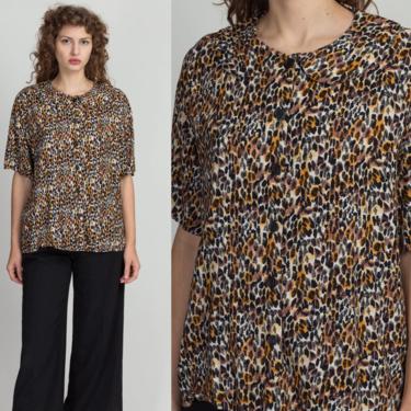 80s Leopard Print Peter Pan Collar Shirt - Extra Large | Vintage Oversize Short Sleeve Button Up Top 