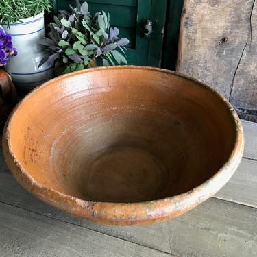 19th C Dairy Mixing Bowl, Redware Slip Glaze Terra Cotta, Large Bowl, Rustic 1800s Pottery, Farmhouse, Farm Table 