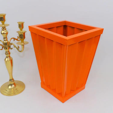 Mid Century Modern Orange Metal Flower Bucket Trash Can Waste Receptacle Centerpiece Toiletries Office Pail Boutique Wedding Card Holder 