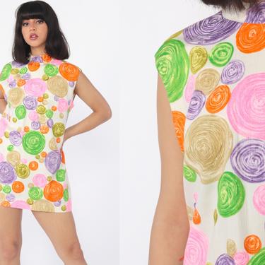 Psychedelic Mini Dress 60s Mod Micro Neon Circle Print Boho 70s Hippie A Line Shift Bohemian Sleeveless Vintage 1960s Pink Purple Medium 