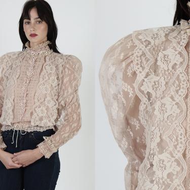Tan Lace Victorian Style Blouse / Vintage 70s See Through Antique Top / High Neck Floral Pattern / Womens Puff Sleeve Antique Saloon Shirt 