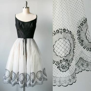1950s Dress Full Skirt Flocked Chiffon XS 