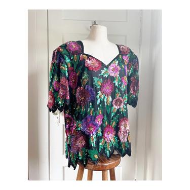 1980s Floral Sequin &amp; Silk Party Top- size 2XL 